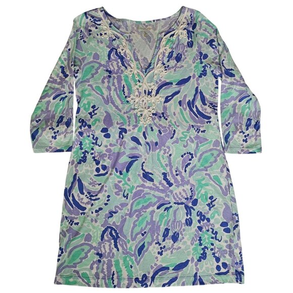 Lilly Pulitzer Nice Ink Pattern Floral 3/4 Sleeve Marina Dress Women's Sz Large - Picture 2 of 16
